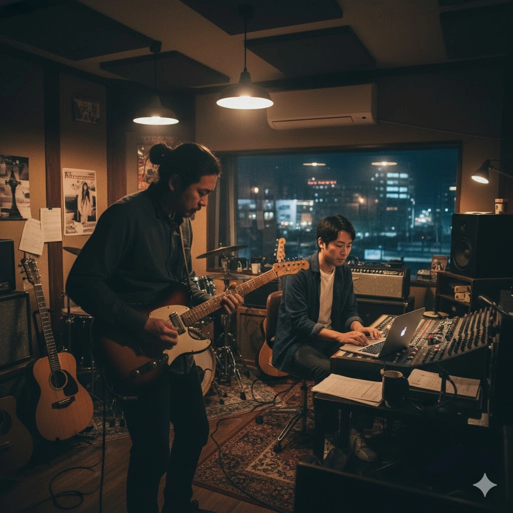 夜のレコーディングスタジオで、ギターを弾く長髪の日本人男性と、ミキシングコンソールを操作する別の日本人男性。