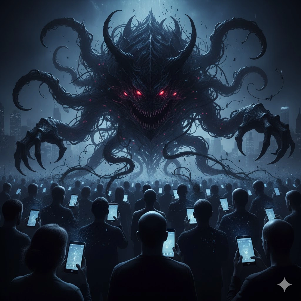 スマートフォンを操作する群衆の上空に、赤い目を持つ巨大で不気味な怪物が浮かんでいる。怪物は闇と触手で構成され、都市のスカイラインを背景にしている。