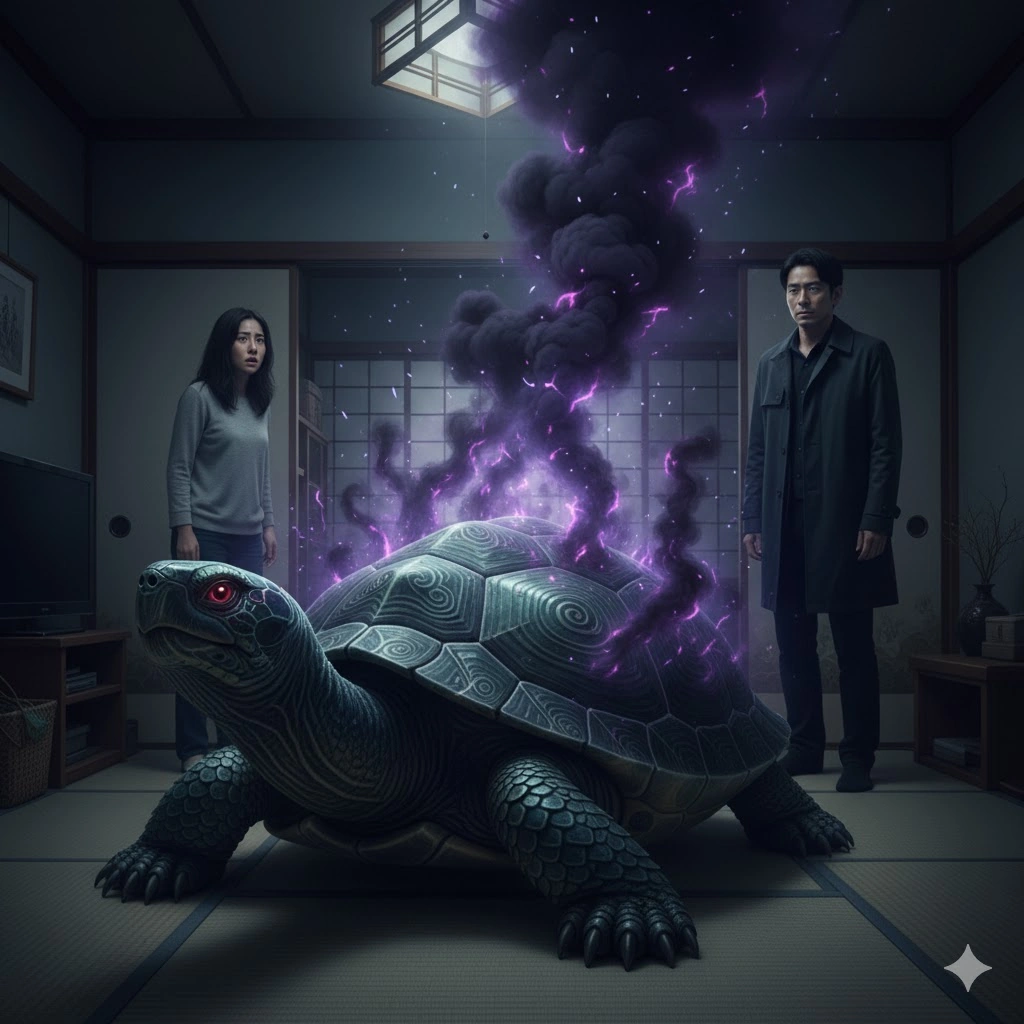 和室の畳の上に置かれた大きな亀。その甲羅からは紫色の不気味な煙が立ち上っている。亀の赤い目はこちらを見つめており、その後ろには驚いた表情の日本人女性と冷静な表情の日本人男性が立っている。