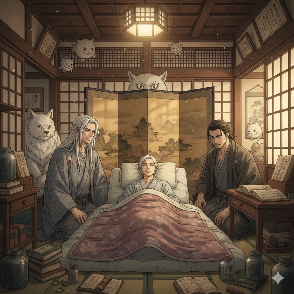 病弱な若だんな一太郎が布団で寝ており、その両脇を仁吉と佐助（人間の姿）が囲んでいる。背景には和風の部屋と、障子や屏風があり、あやかしの影が複数見え隠れしている。