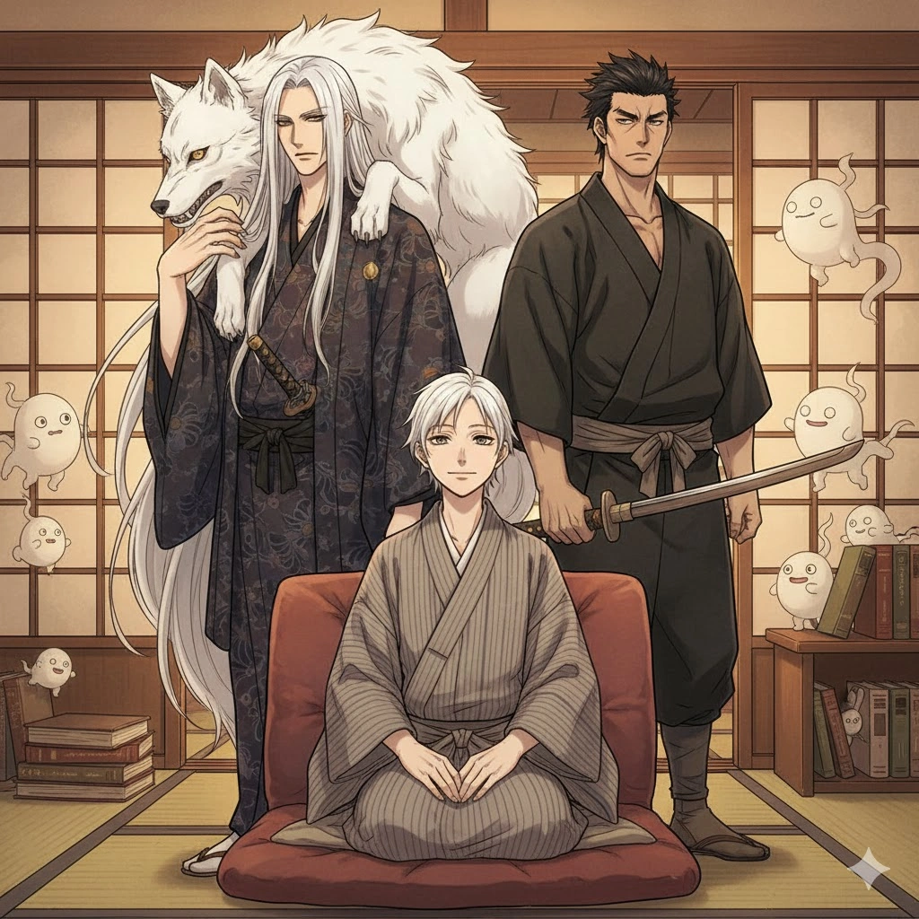 座った一太郎の後ろに、仁吉（あやかしの白沢と人間の姿）と佐助（人間の姿で刀を構える）が立っている。周りには複数の小さなあやかしが浮かんでおり、彼らの絆の深さを示している。