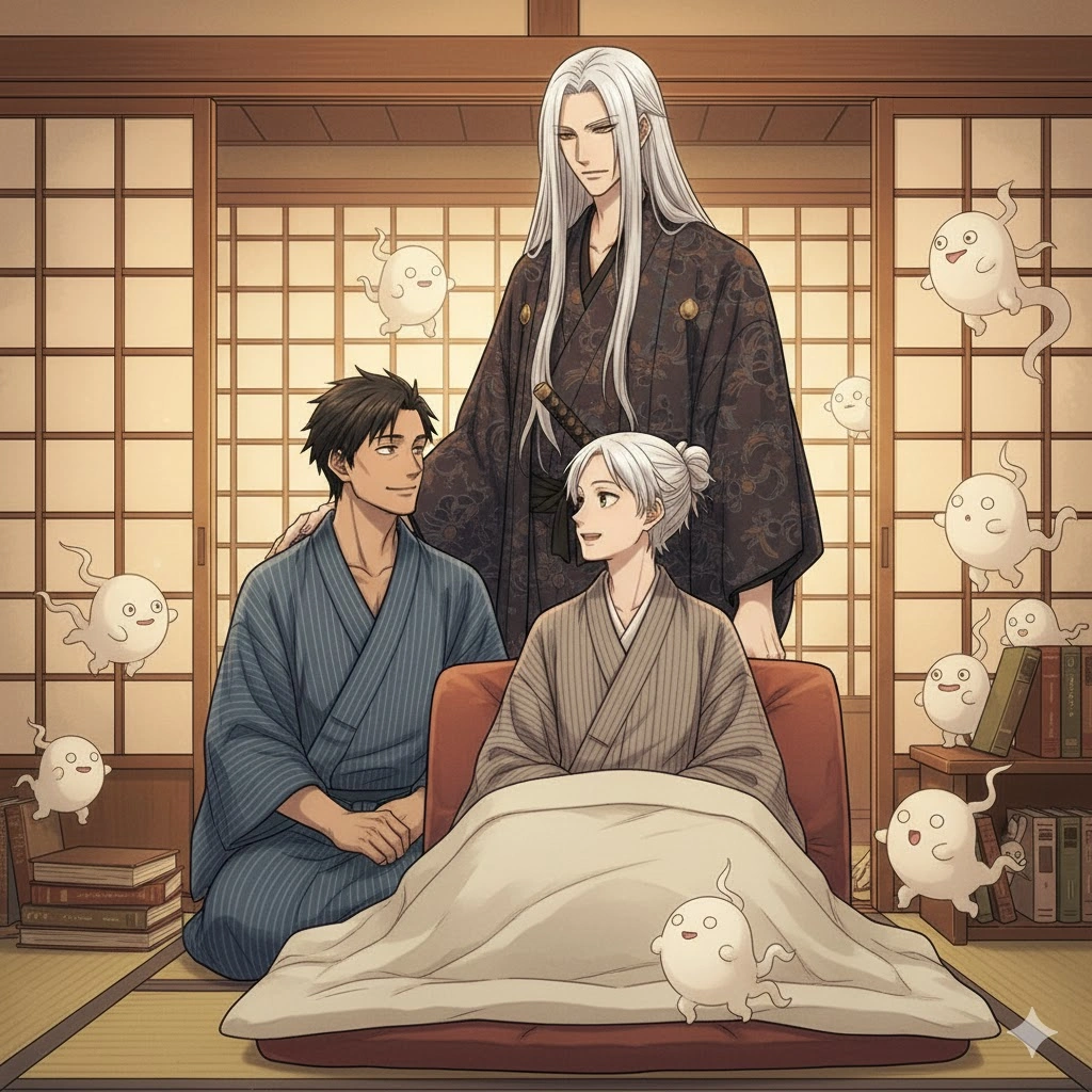 部屋でくつろぐ一太郎と、その隣に座る親友の栄吉。後ろから仁吉が二人の様子を優しく見守っており、彼らの和やかな関係性が描かれている。