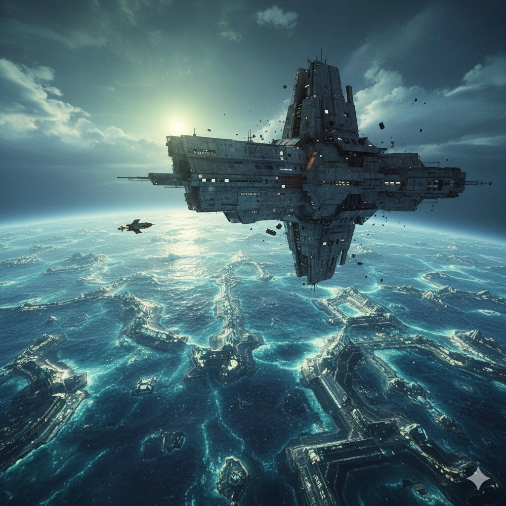 惑星ソラリスの上空に浮かぶ巨大な宇宙ステーションの遠景。ソラリスの表面は青く輝く海で覆われ、雲の切れ間から太陽光が差し込んでいる。