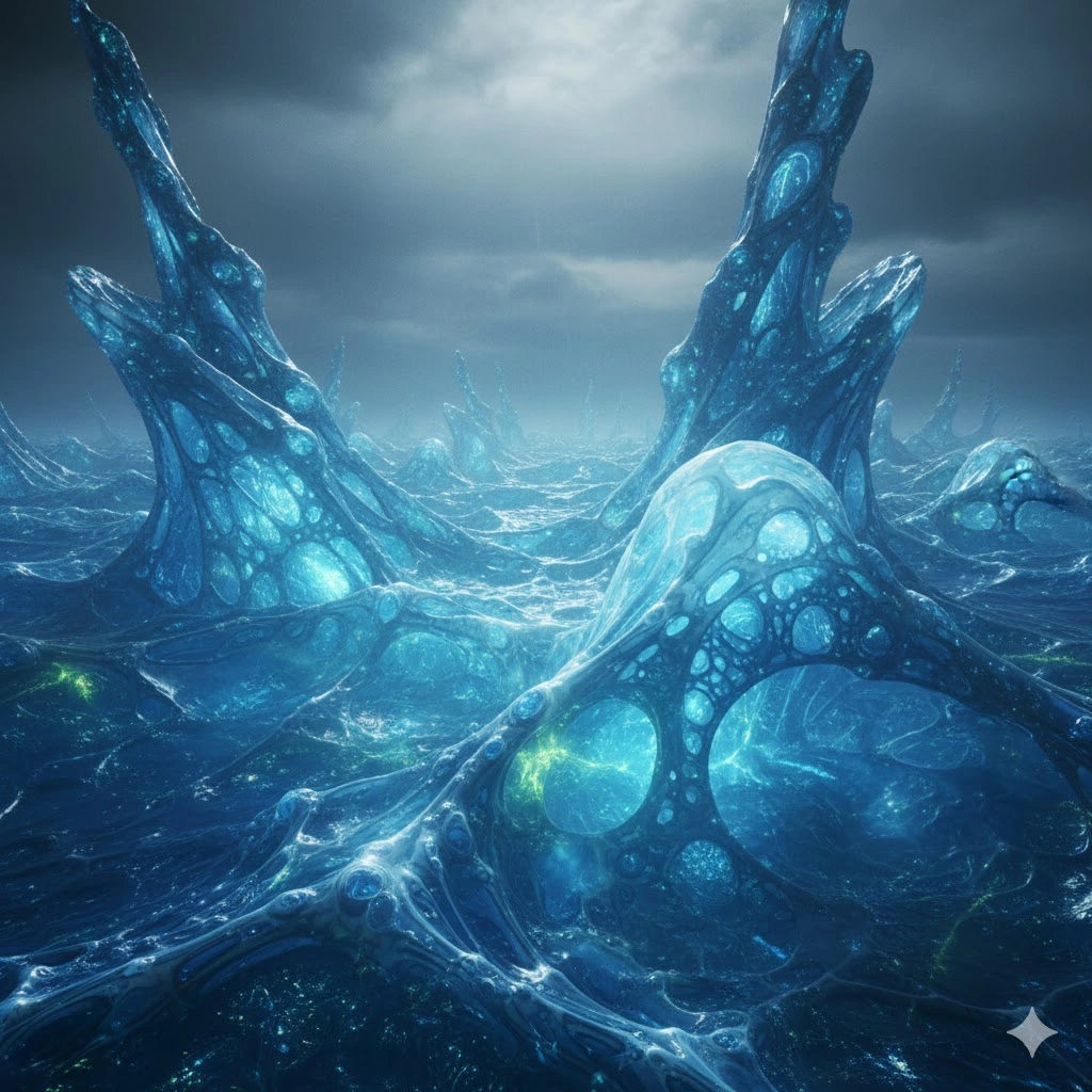 惑星ソラリスの表面を覆う、複雑な幾何学模様を形成する知性を持つ海。波立つゼリー状の液体から、光を放つ巨大な構造物がいくつも突き出ている。