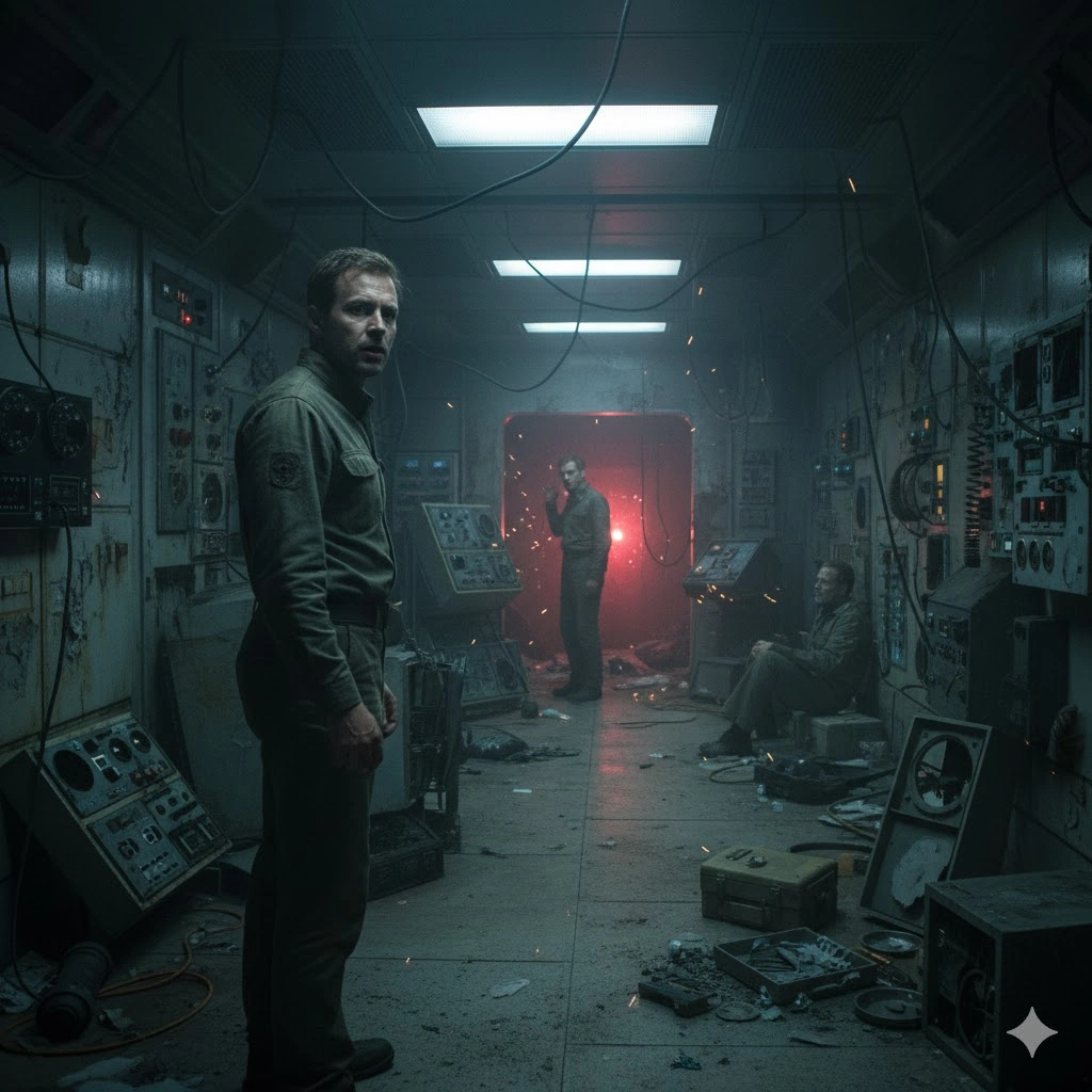 荒れ果てたソラリス宇宙ステーションの内部。散乱した機材や点滅する計器の中、主人公ケルヴィンが困惑した表情で立ち、他の研究員が虚ろな表情で佇んでいる。