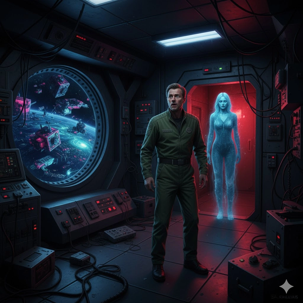 宇宙ステーションの通路で、ケルヴィンが背後に立つハリーの姿を振り返る。ハリーは半透明で青い光を放ち、窓の外にはソラリスの海が見える