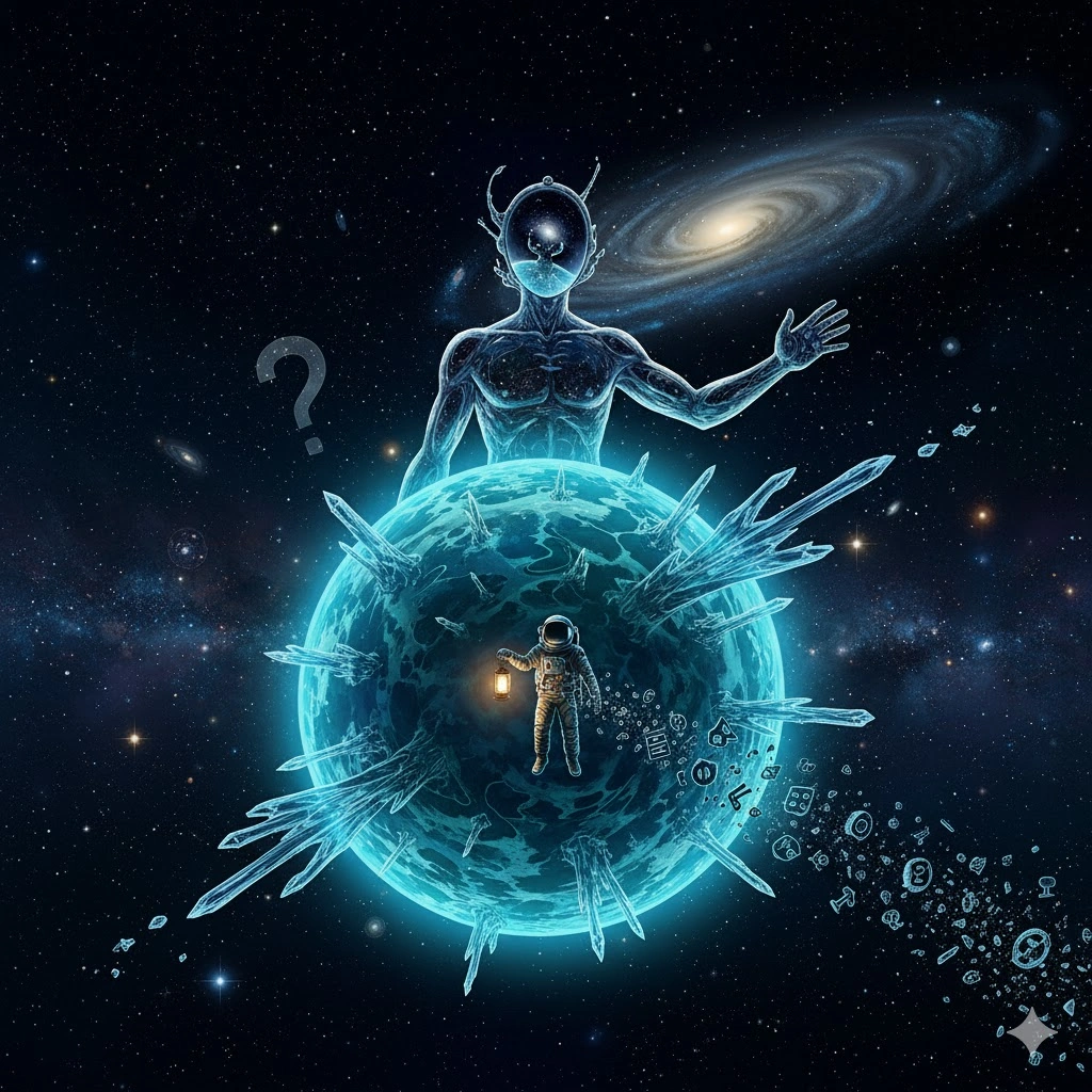 宇宙の無限の空間を背景に、惑星ソラリスが浮かぶ幻想的なイラスト。人間の探求心と知性の限界を象徴するような、神秘的で問いかける雰囲気。