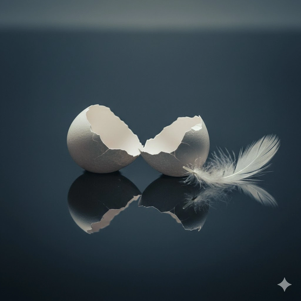 暗い水面に置かれた、割れた卵の殻と一枚の白い羽。小説『天使の卵』の未熟さと悲劇的な結末を象徴するイメージ。