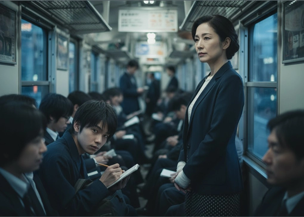 満員電車の中で、窓の外を見つめる包帯を巻いた日本人女性（春妃）と、彼女を密かに見つめる若い日本人男性（歩太）。二人の運命的な出会いのシーン。