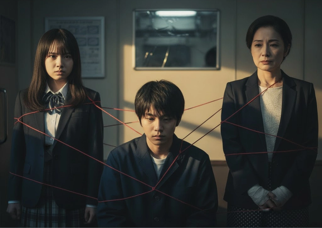 一人の若い日本人男性（歩太）を中央に、彼をめぐる二人の日本人女性（姉の春妃と妹の夏姫）が描かれた、複雑な三角関係を暗示するイメージ