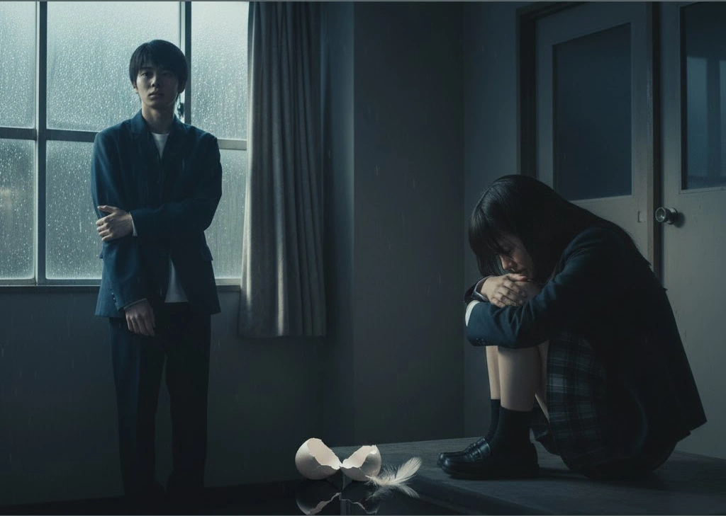 悲劇の後、窓の外を虚ろに見つめ「行動しなかった後悔」を抱える日本人男性（歩太）と、暗い部屋でうずくまり「言ってしまった後悔」を抱える日本人女性（夏姫）。