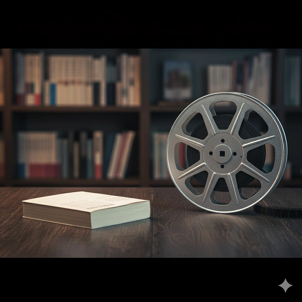 テーブルの上に置かれた開かれた小説と、映画のフィルムリール。小説原作と映画版が異なる作品であることを示す比較イメージ。