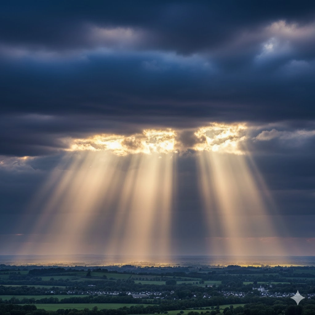 暗い雲の隙間から差し込む光の筋、「天使の梯子（はしご）」。続編『天使の梯子』で描かれる10年後の救済と希望を象徴する風景。
