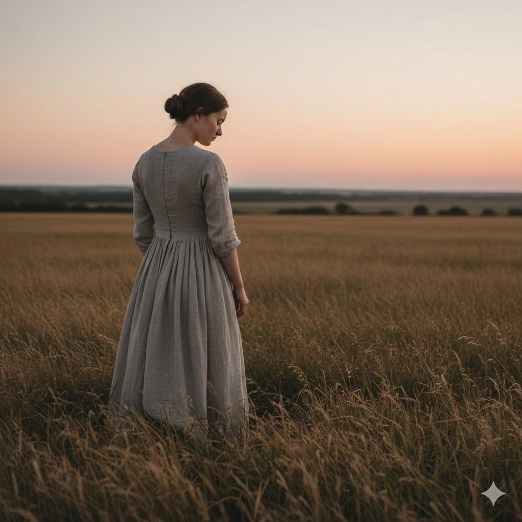夕暮れの草原に立つ若い女性の後ろ姿。彼女は質素なドレスをまとい、遠くの地平線を見つめている。