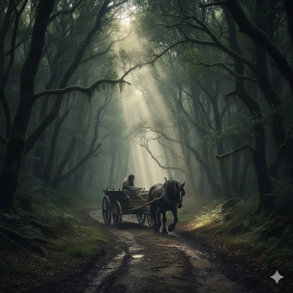 古い農家の馬車が暗い森の中の道をゆっくりと進んでいる。ぼんやりとした光が木々の間から差し込んでいる。
