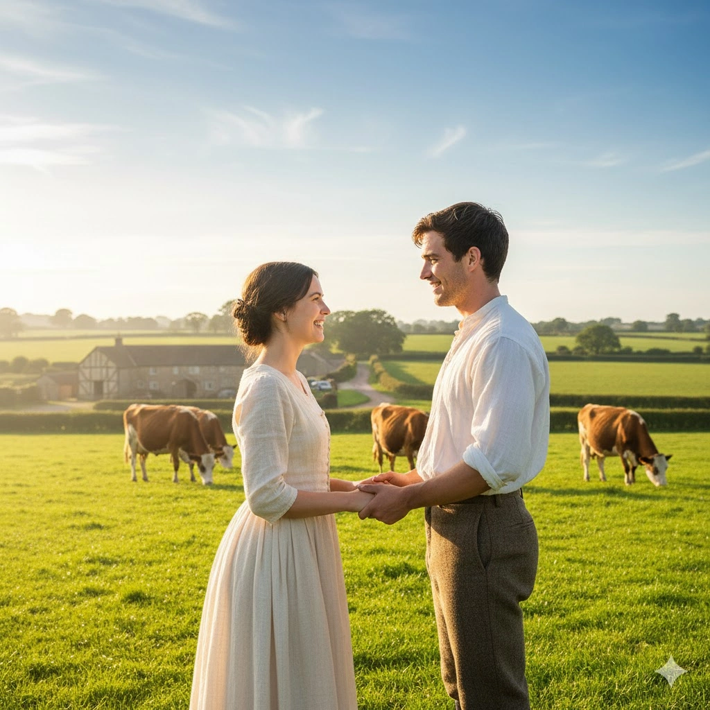 陽光が降り注ぐ広々とした牧草地で、若い男女が互いに笑顔で向き合っている。背景には牛たちがのどかに草を食む酪農場が見える。