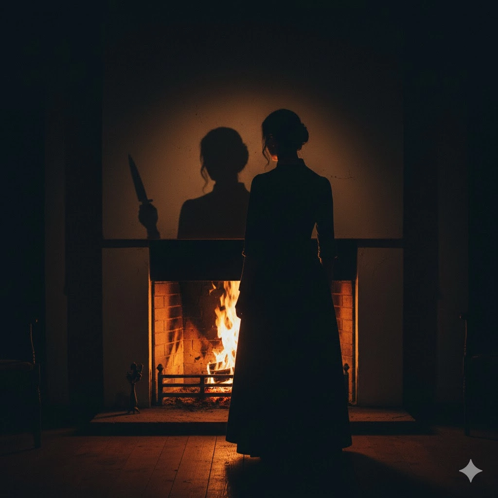 燃え盛る暖炉の前に立つ女性のシルエット。彼女の表情は読み取れないが、手にナイフの影が見える。