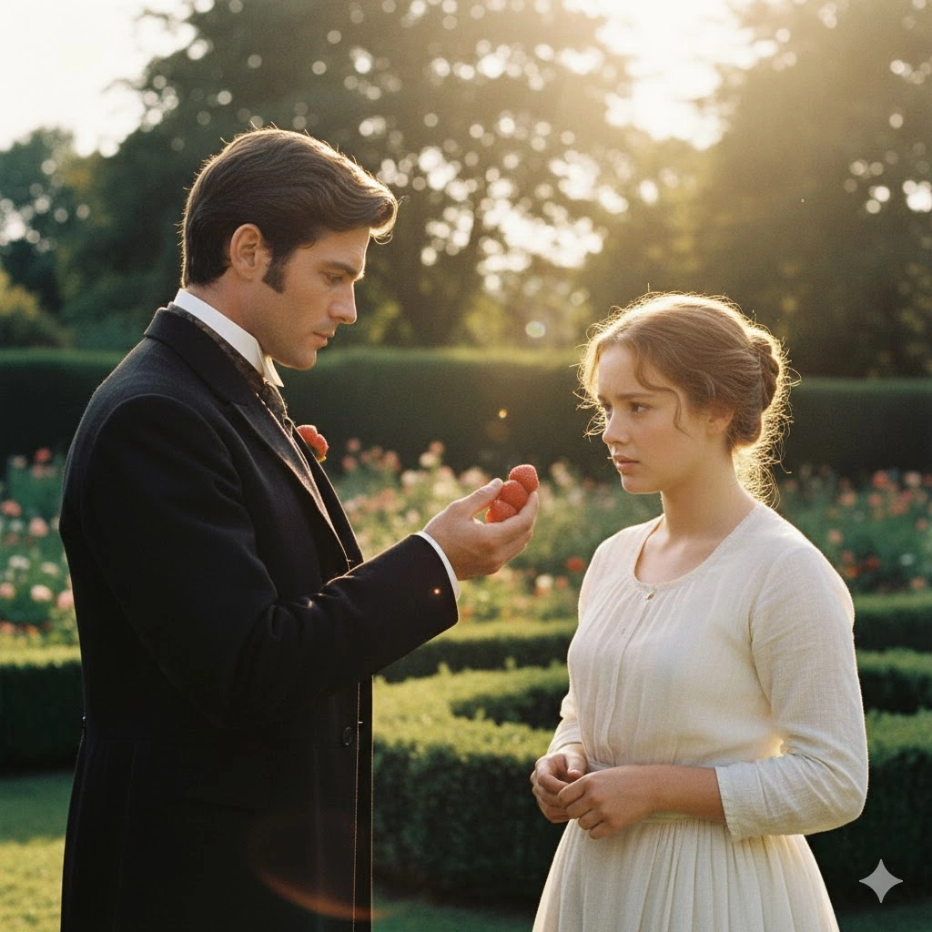 美しい田園風景の中で、裕福そうな男性が若い女性にイチゴを差し出している。女性は少し困惑した表情を浮かべている。
