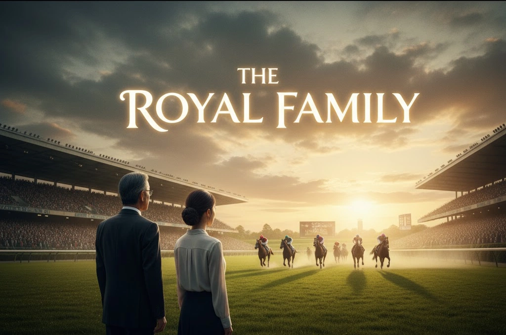 競馬場のスタンドからコースを眺める日本の男性と女性。上空にはタイトルロゴ「ザ ロイヤルファミリー」が浮かんでいる。