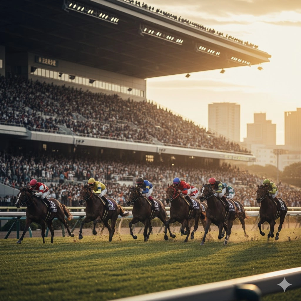 日本の競馬場で、ターフを駆け抜ける競走馬たち。その背後には雄大なスタンドが広がり、観客の熱気が伝わってくる。