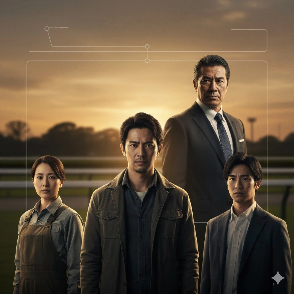 小説『ザ・ロイヤルファミリー』の主要登場人物たち。中央に栗須栄治、山王耕造、山王耕一、野崎加奈子が配置され、それぞれの関係性が視覚的に示されている。