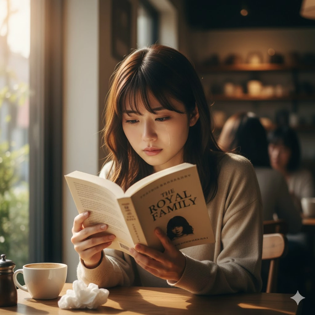 カフェで小説『ザ・ロイヤルファミリー』を熱心に読む日本人女性。感動で少し涙ぐんでいる様子。
