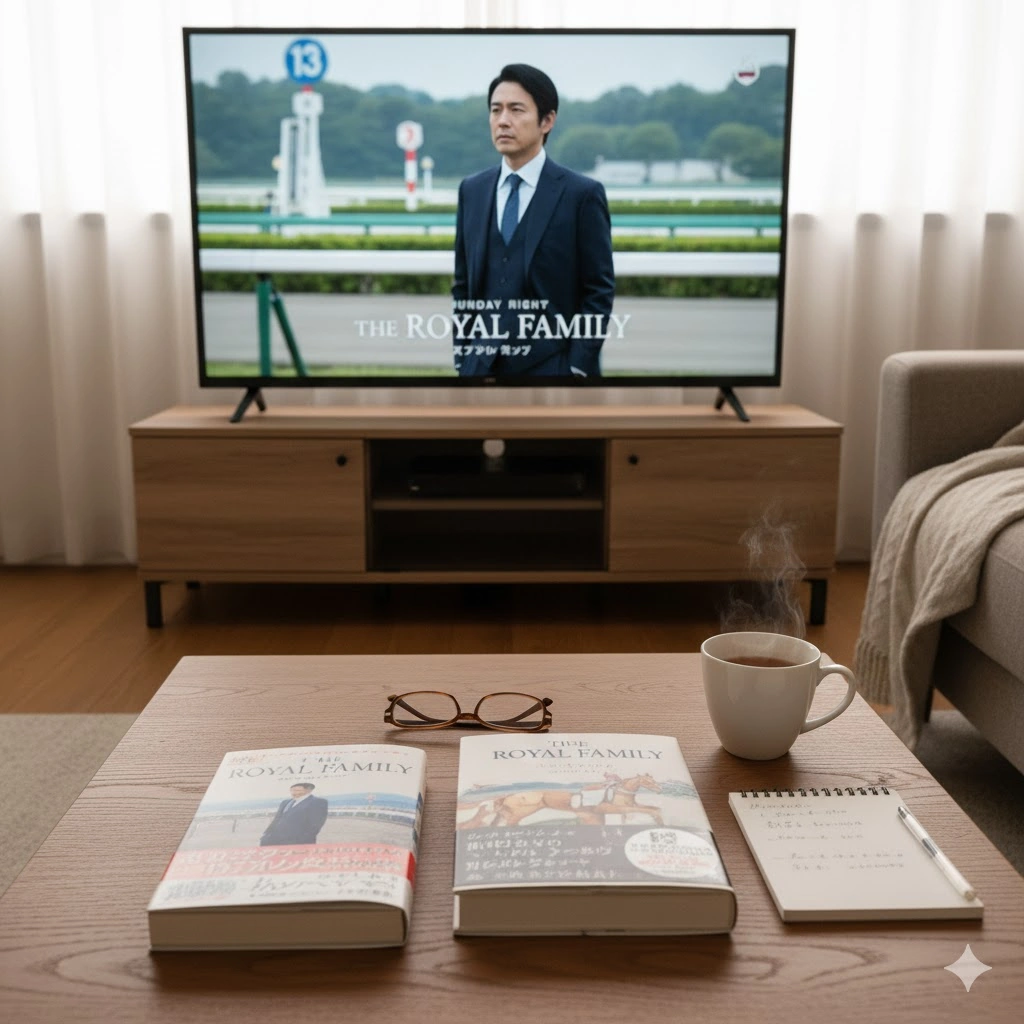 テレビ画面で日曜劇場のドラマが放映されており、その横には原作小説「ザ・ロイヤルファミリー」が置かれている。