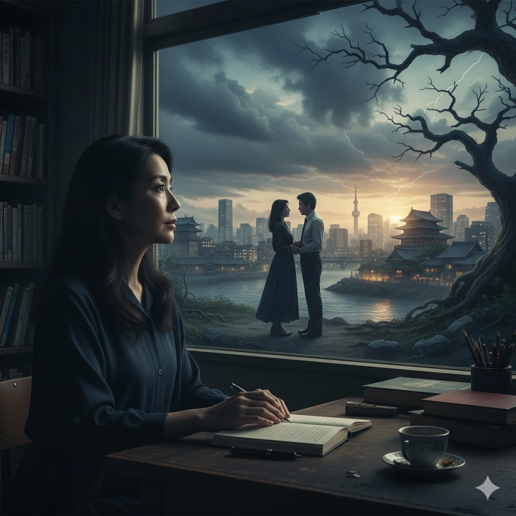 暗い雰囲気の街並みを背景に、遠くを見つめる大人の日本人女性の横顔。小説のミステリアスな世界観を表現。