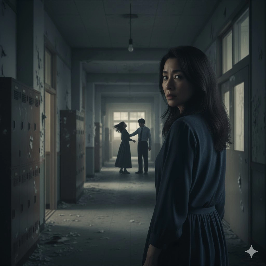 秘密めいた廃校の廊下で、遠くから聞こえる足音に耳を澄ませるような、緊張感のある雰囲気の男女の後ろ姿。