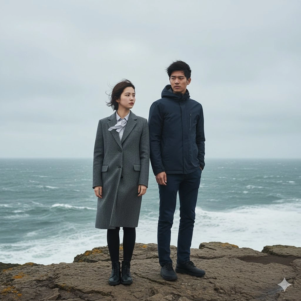曇り空の下、断崖絶壁に立つ大人の男女。強風にあおられながらも、お互いを強く見つめ合っている。
