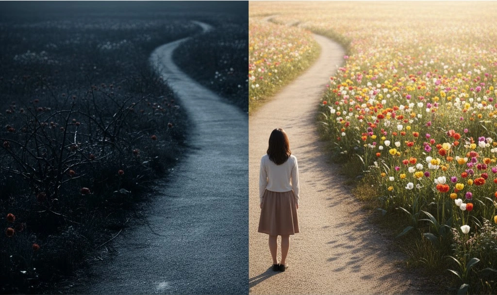 左右に分かれた道の分岐点に立つ人物。道の先にはそれぞれ異なる風景が広がっており、意見の対立や評価の分かれ目を象徴。