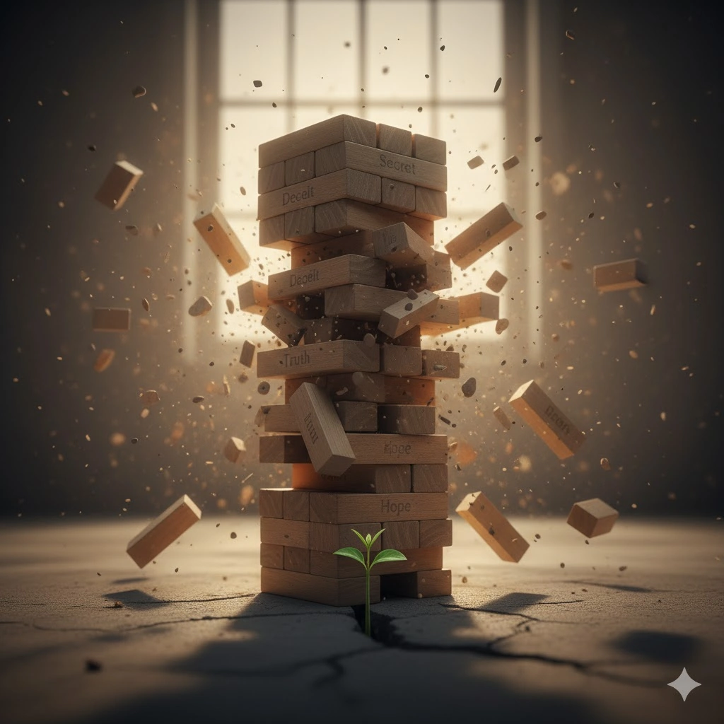 崩れ落ちるジェンガのブロックと、その下にひび割れたコンクリートの地面から芽生えたばかりの緑の双葉。ブロックには「Secret」「Deceit」「Truth」「Hope」といった言葉が刻まれている。