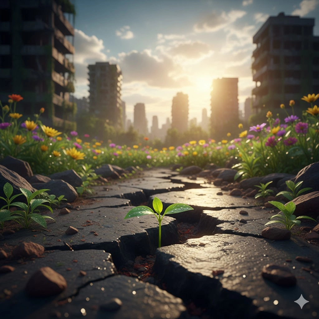荒廃した都市の風景の中、ひび割れたアスファルトの隙間から力強く芽生える小さな緑の植物。遠景には夕焼けに照らされた廃墟となったビル群が並び、手前には色とりどりの野花が咲いている。