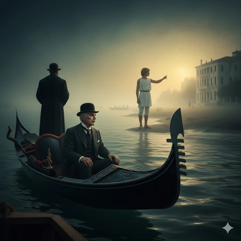 霧がかったヴェネツィアの運河を進むゴンドラに乗る、厳粛な表情の主人公。背景には、朝焼けの中に佇む美しい少年と、遠くに立つゴンドラ漕ぎの姿が見える。