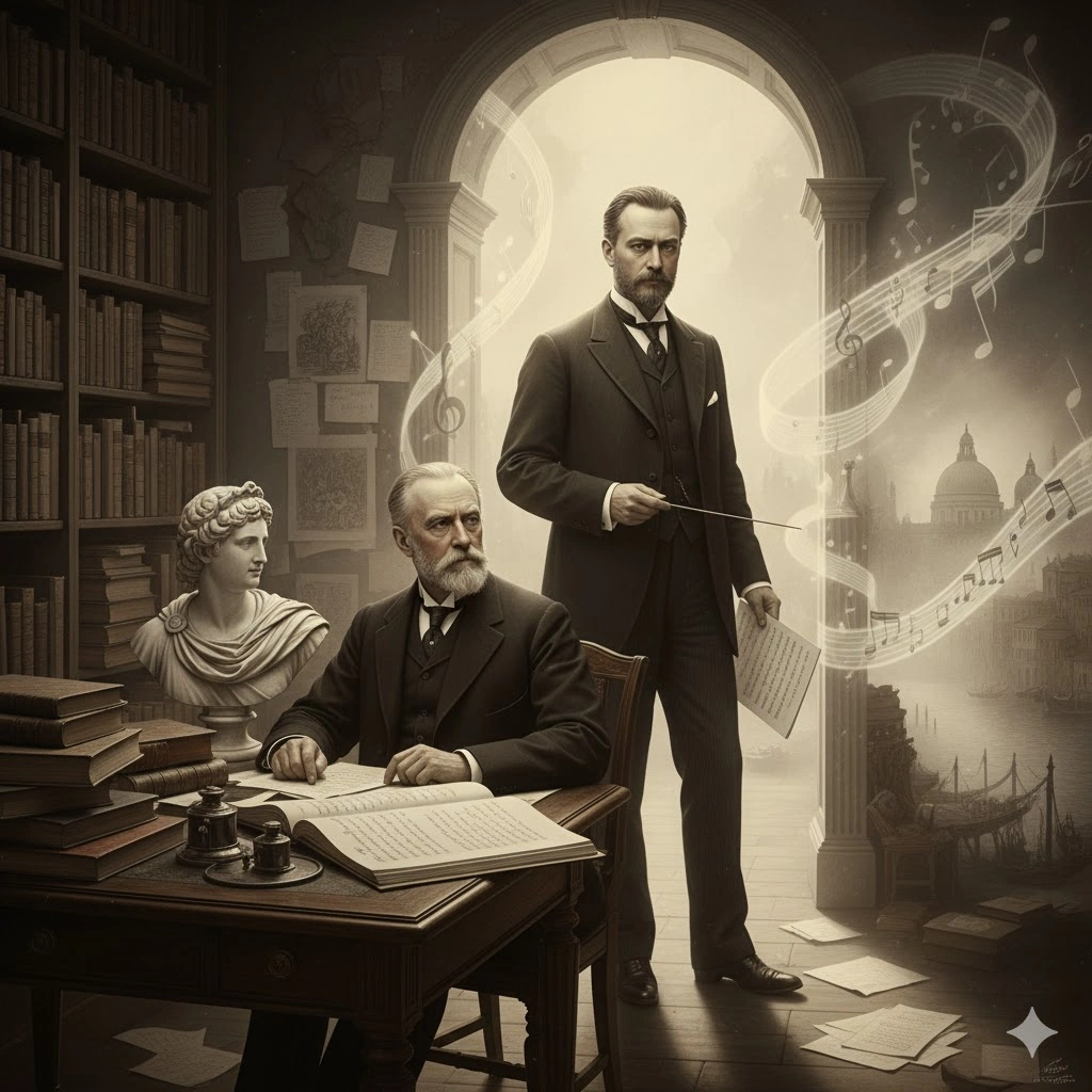 書斎で執筆するトーマス・マンのイメージ。背景には指揮棒を持つグスタフ・マーラーの幻影が重なり、ヴェネツィアの風景と楽譜が幻想的に描かれている。