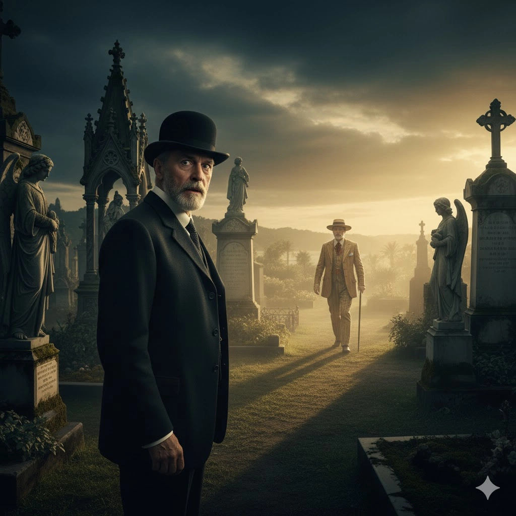 墓地を歩く高名な小説家アッシェンバッハが、振り返って異国風の「旅人」を見つめる。夕暮れの光が墓石と彫像を照らす。