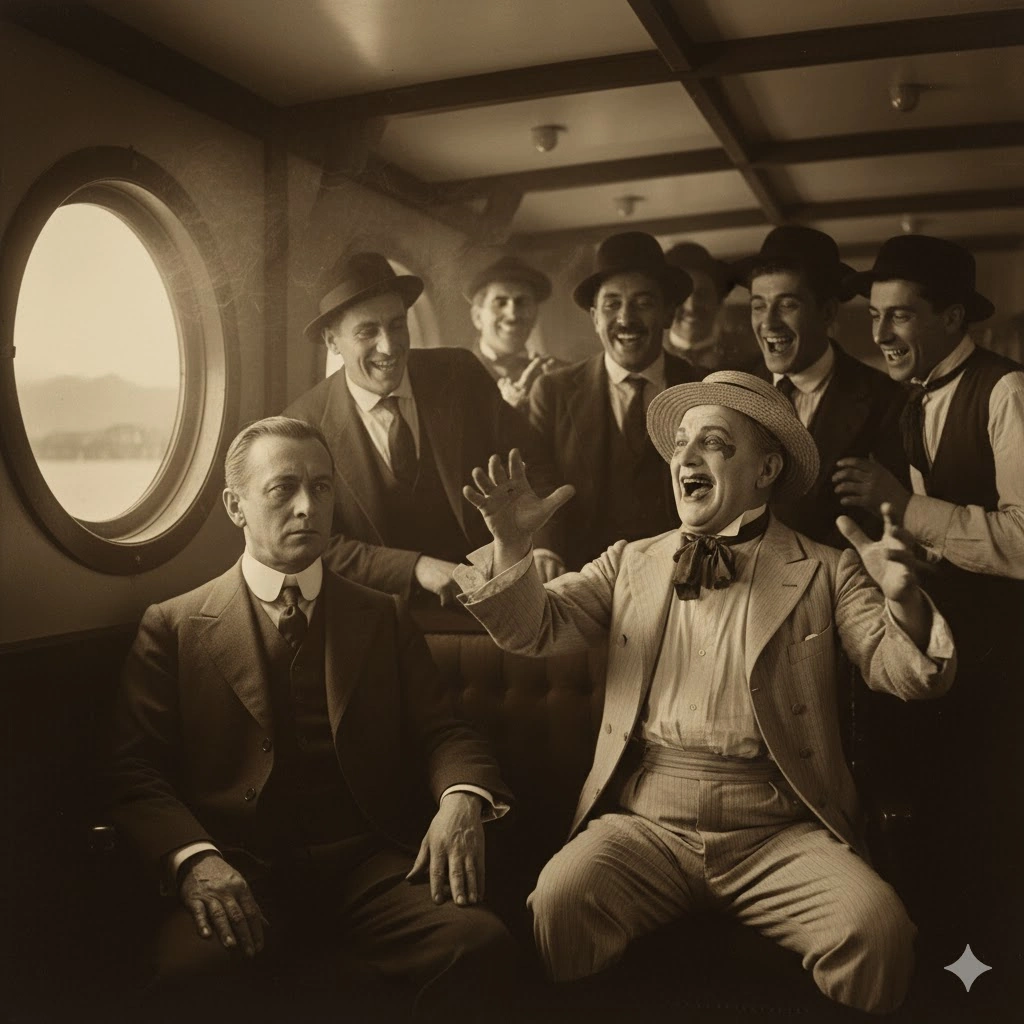 ヴェネツィアへ向かう船の船室内で、周囲の若者たちと騒ぐ派手な化粧をした「若作りの老人」に嫌悪感を覚えるアッシェンバッハ。