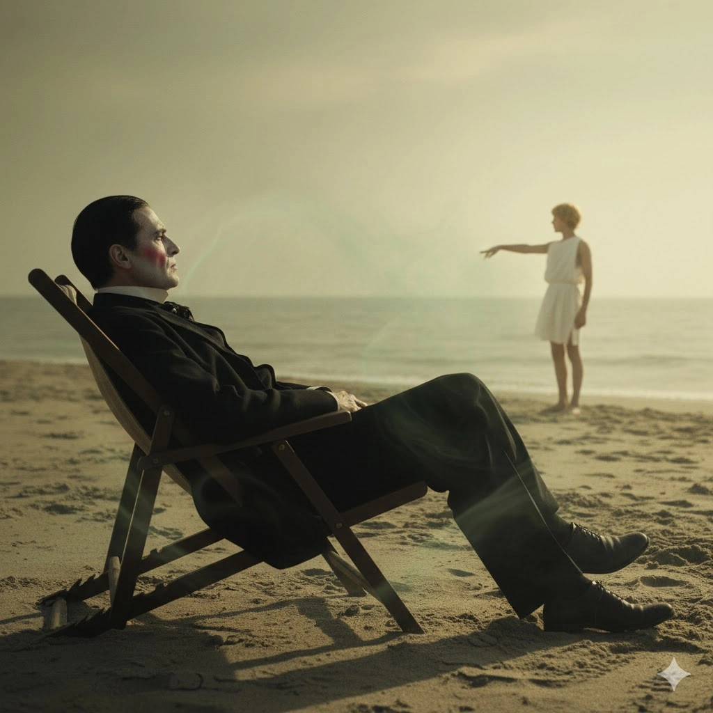 ヴェネツィアへ向かう船の船室内で、周囲の若者たちと騒ぐ派手な化粧をした「若作りの老人」に嫌悪感を覚えるアッシェンバッハ。