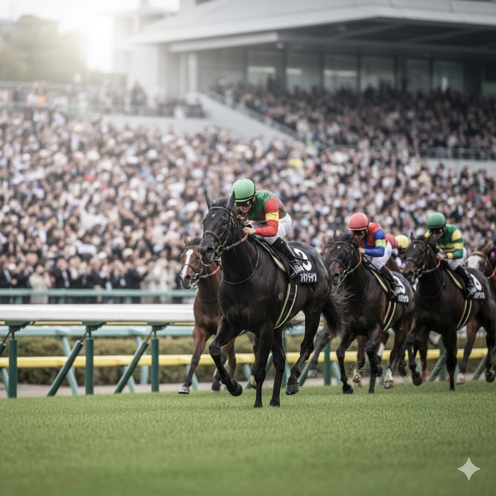 広々とした競馬場で、観客が埋め尽くすスタンドを背景に、芝コースを疾走する競走馬と騎手たち。先頭を駆ける一頭の黒い馬が力強く、勝利を目指している。