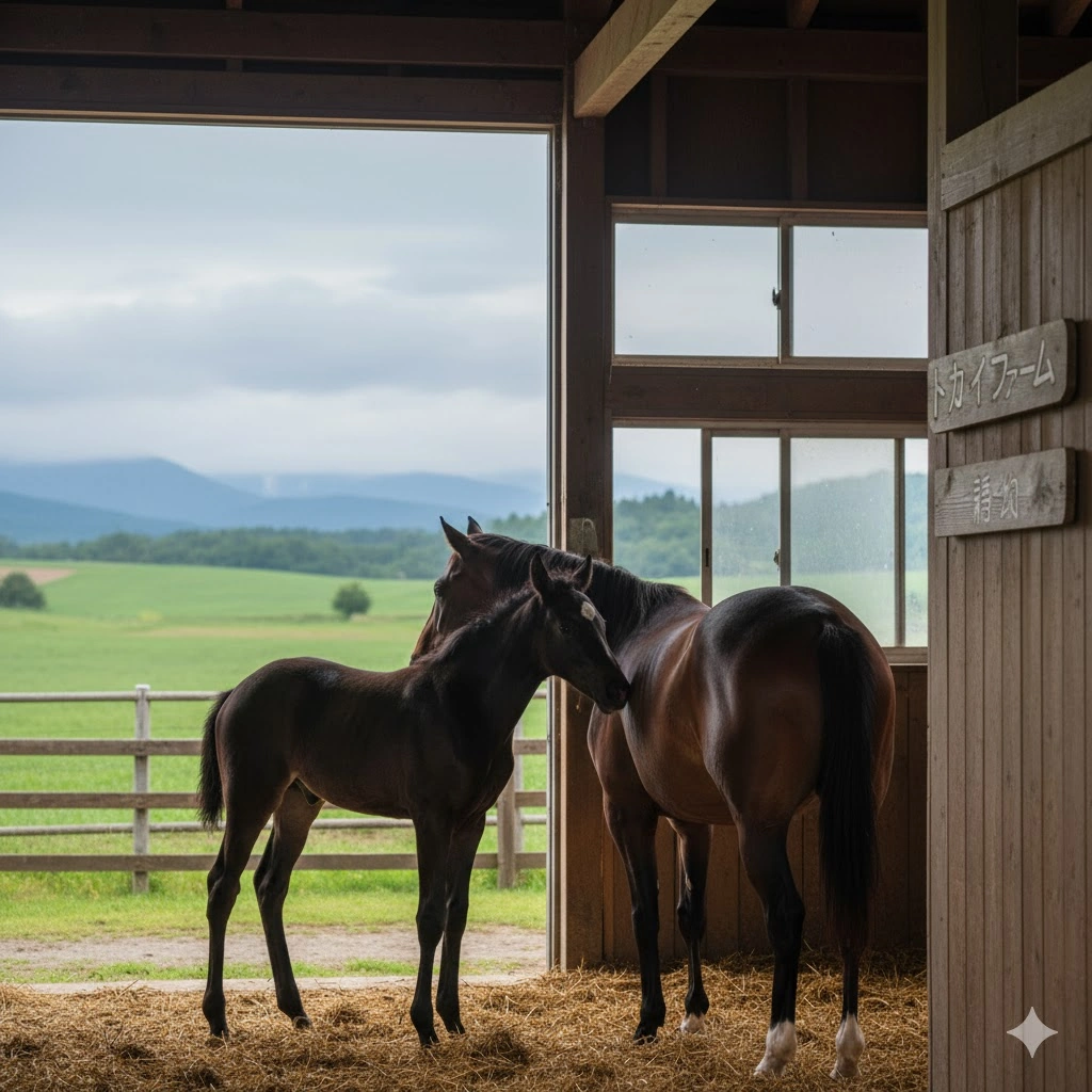 厩舎の開かれた扉から、北海道の広大な緑の牧草地が広がる風景。手前には、生まれたばかりの仔馬と母馬が寄り添い、静かに立つ姿が描かれている。