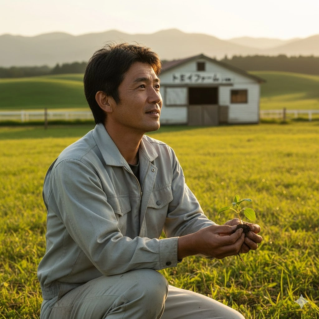 夕暮れの牧草地で、作業着を着た日本人男性がしゃがみ込み、両手で小さな苗木を大切そうに持っている。彼の背後には「トカイファーム」と書かれた白い厩舎が見え、遠くの山々には夕日が差し込んでいる。