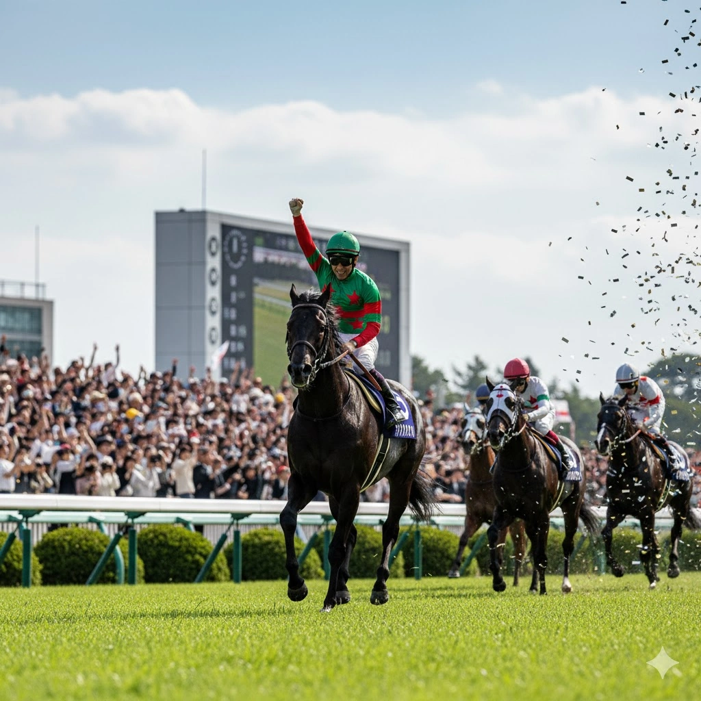 競馬場で、レースに勝利した日本人騎手がガッツポーズをしながら黒い競走馬に乗っている。観客席からは盛大な拍手と歓声が上がり、上からは紙吹雪が舞い落ちている。