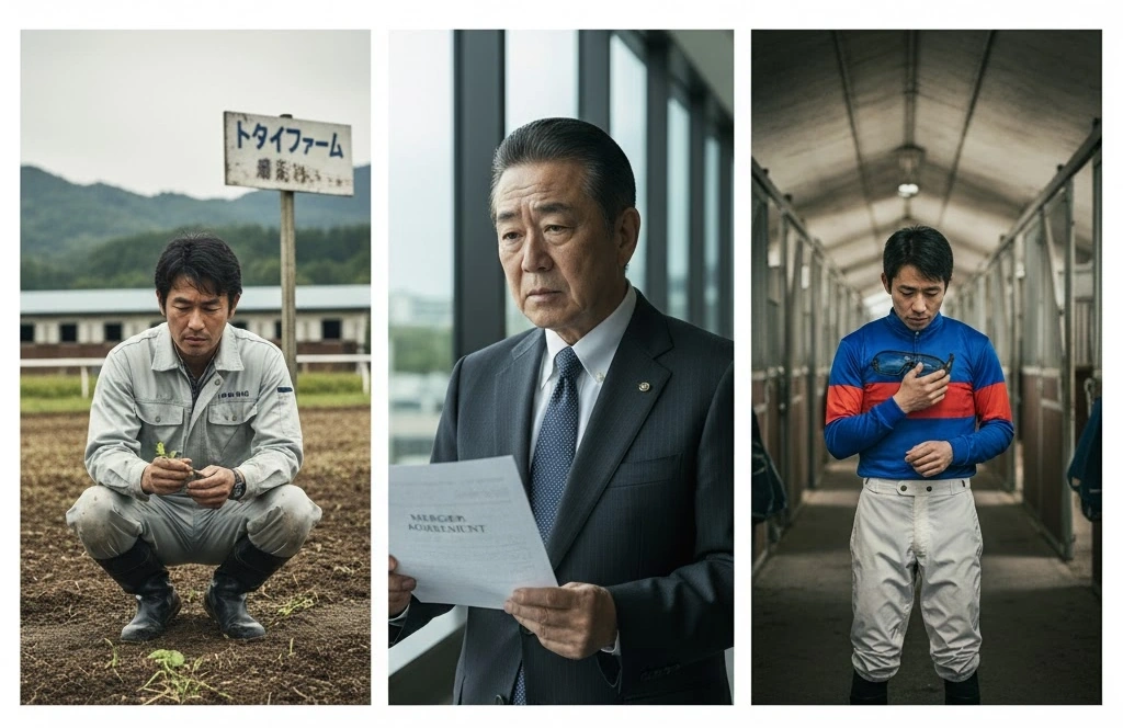 3枚の画像が並んだコラージュ。左の画像では、作業着を着た男性が牧場でひざまずき、土に触れながら考え込んでいる。中央の画像では、スーツ姿の男性が書類を持ち、厳しい表情で窓の外を見つめている。右の画像では、騎手服を着た男性が馬房の通路で俯き、何かを決意するかのように胸に手を当てている。
