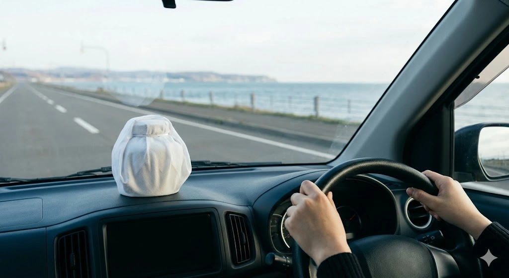 あらすじの核心である、父の遺骨を乗せて車で旅する主人公の姿を捉えた画像です。ハンドルを握る手とダッシュボードの骨壺が、物語の主題である過去との向き合いを象徴しています。