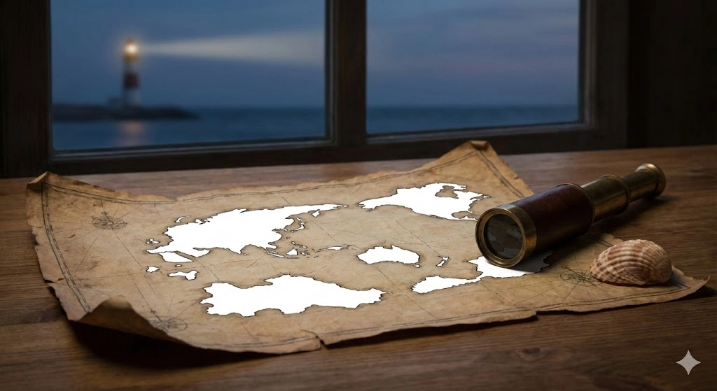 「空白の存在」というテーマを象徴的に表現した静物写真です。地図上の白い空白、望遠鏡、貝殻といったモチーフが、北方領土問題や家族の「語られない空白」を示唆しています。