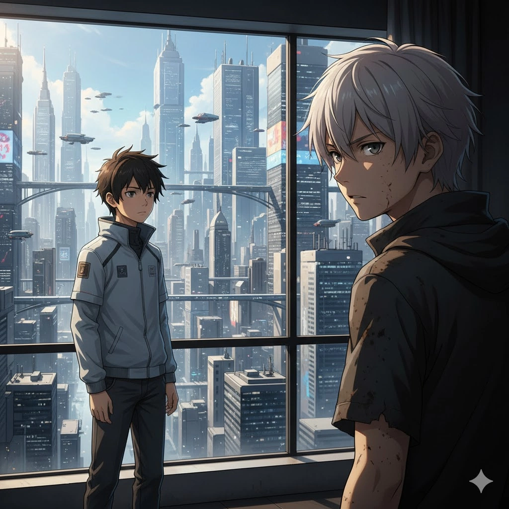 理想都市NO.6の未来的な窓から外を眺める主人公の紫苑と、陰に潜むネズミ。二人の運命的な出会いを暗示するディストピアSFのキービジュアル。