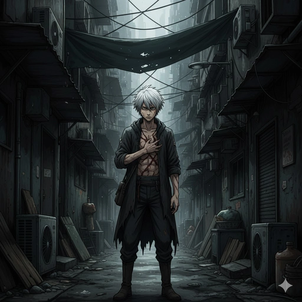 寄生バチの事件を経て白髪と赤い傷跡が残った紫苑。理想都市を追放され、過酷な西ブロックで生き残りをかけたサバイバルに挑む様子。