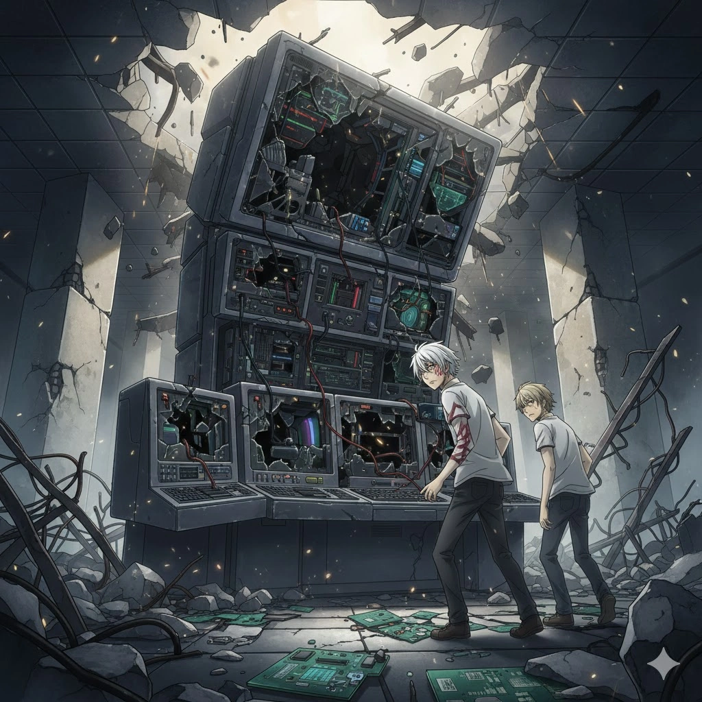 NO.6の矯正施設中枢にあるマザーコンピューターが破壊され、崩壊したコントロールルーム。紫苑とネズミが都市の真実を暴いたクライマックス。