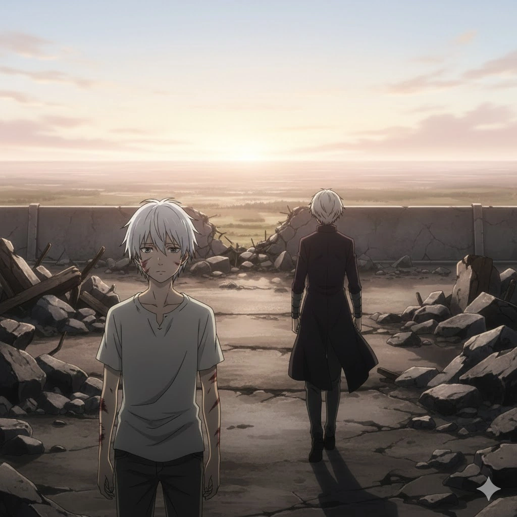 瓦礫と化したNO.6を後にするネズミと、都市に残り再建に尽力する紫苑。再会を誓い合った、美しくも切ない別れのシーン。