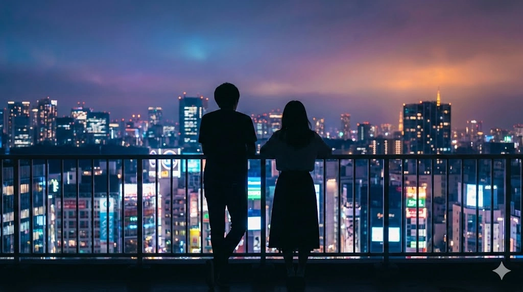 夜の都会のビルの屋上に佇む、若い日本人の男女のシルエット。眼下にはネオンが輝く街並みが広がり、二人は手すりの近くで寄り添っている。楽曲「夜に駆ける」と原作小説の世界観を象徴する、美しくもどこか切ない夜景のシーン。